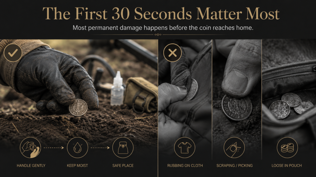 Comparison showing proper and improper handling of old coins after recovery while metal detecting