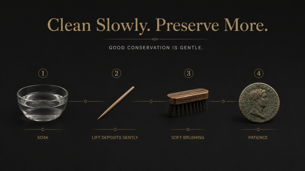 Minimal infographic showing how detectorists identify old coins before cleaning