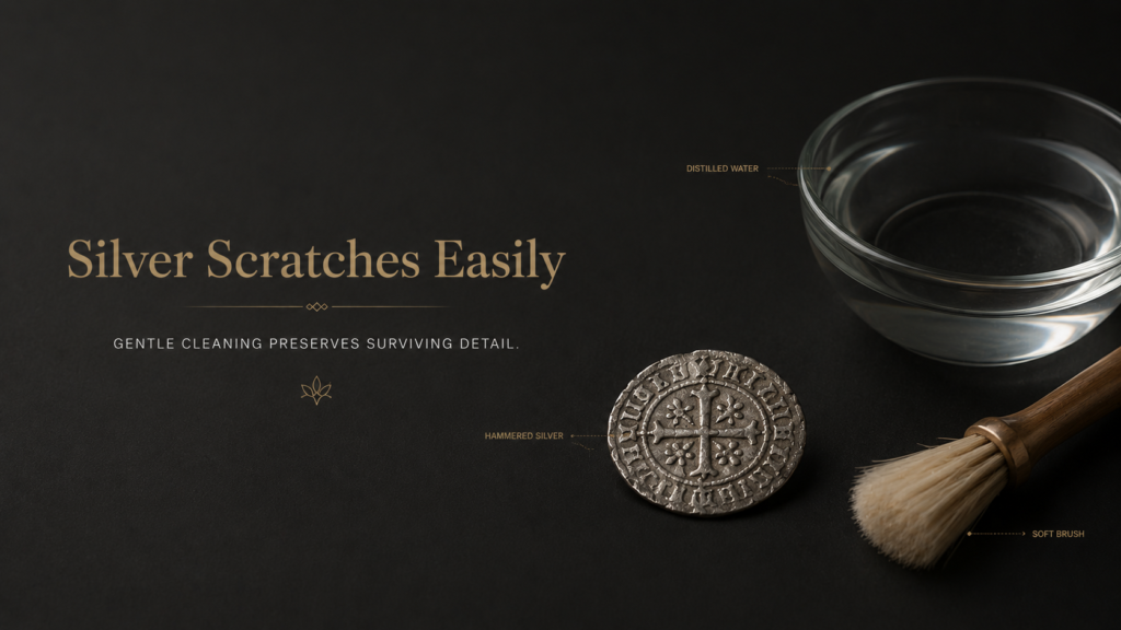 Medieval hammered silver coin with soft brush and careful cleaning setup
