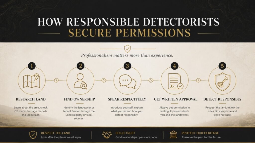 Step-by-step infographic explaining how to get metal detecting permission in the UK through land research, ownership checks, and written approval.