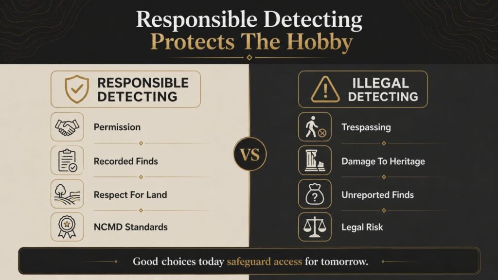 WhatsApp Image 2026-05-16 at 13.49.12 (1) Comparison infographic showing the difference between responsible metal detecting and illegal nighthawking in the UK.