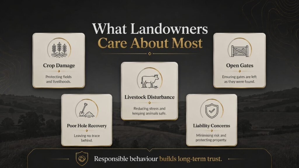 Infographic explaining common landowner concerns about metal detecting, including crop damage, open gates, livestock, and hole recovery.