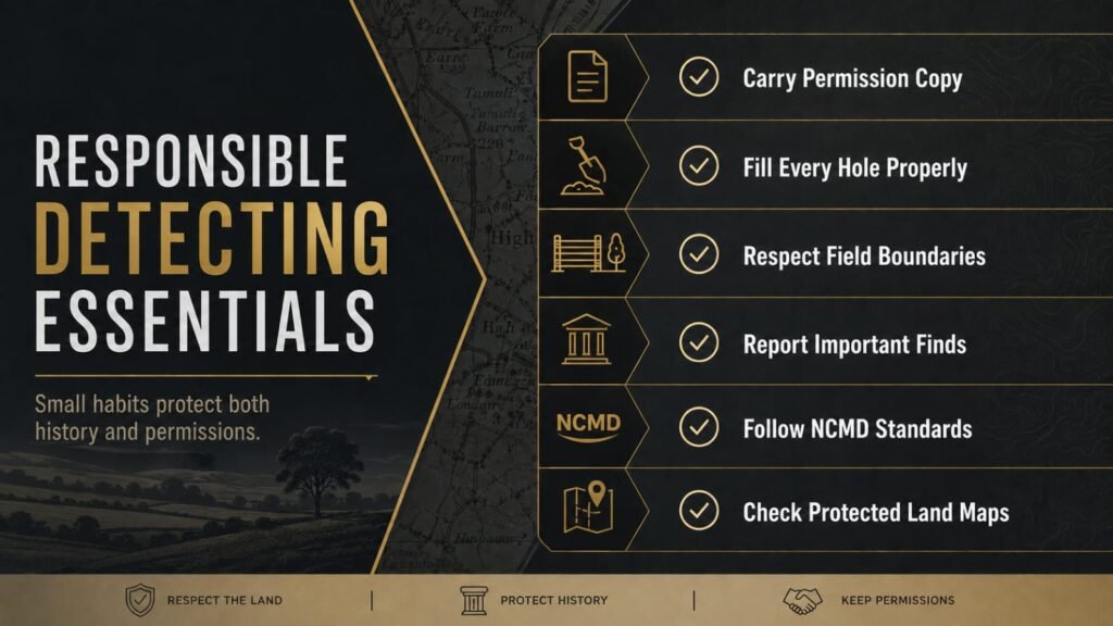 Checklist infographic showing responsible metal detecting practices such as carrying permission, following NCMD rules, and reporting finds.