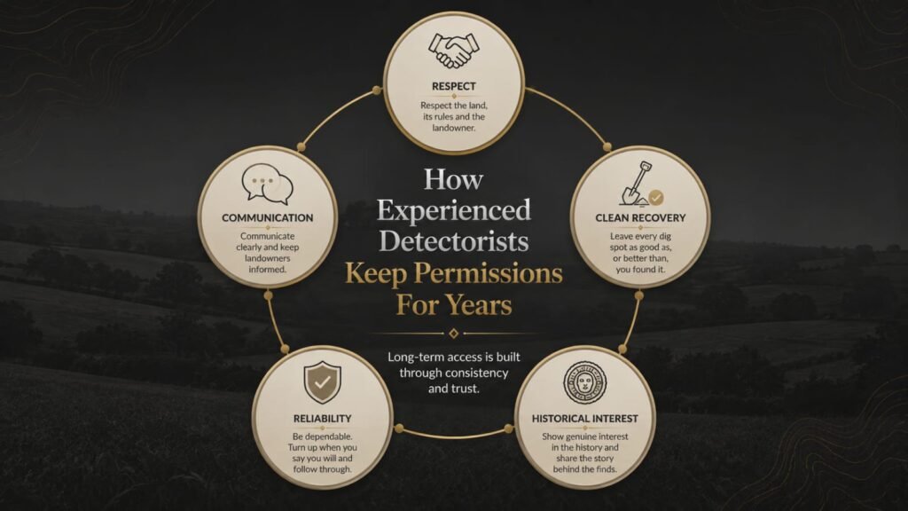 Infographic showing the key habits that help metal detectorists maintain long-term land permissions in the UK.
