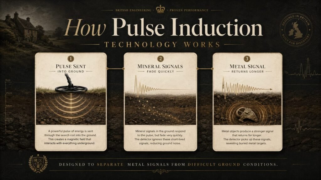 Infographic explaining how pulse induction metal detectors identify metal by separating buried target signals from mineral interference.