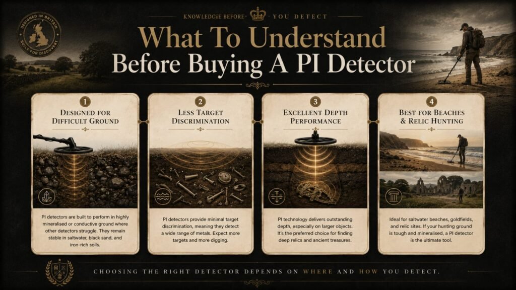 Infographic explaining important factors to consider before buying a pulse induction metal detector for beach or relic hunting.
