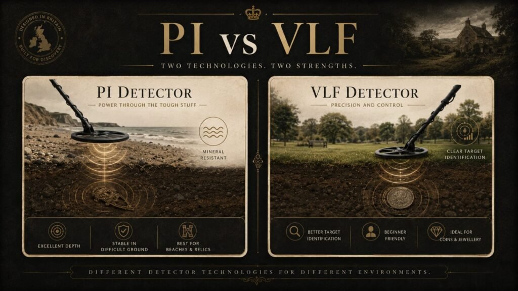 Comparison infographic showing the differences between PI and VLF metal detectors for depth, stability, and target identification.