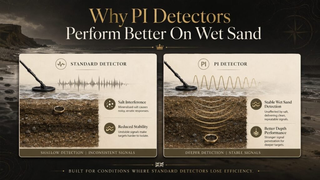 Infographic comparing standard metal detectors and pulse induction detectors on wet UK beach sand and saltwater conditions.