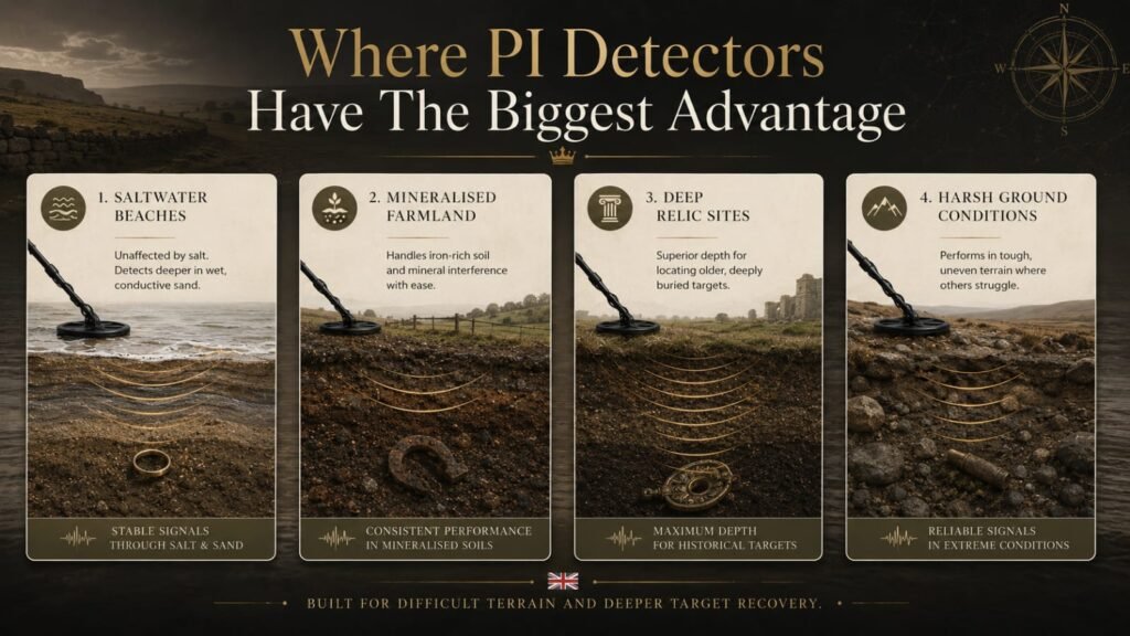 Infographic showing the best environments for pulse induction metal detectors, including beaches, mineralised soil, relic fields, and difficult terrain.