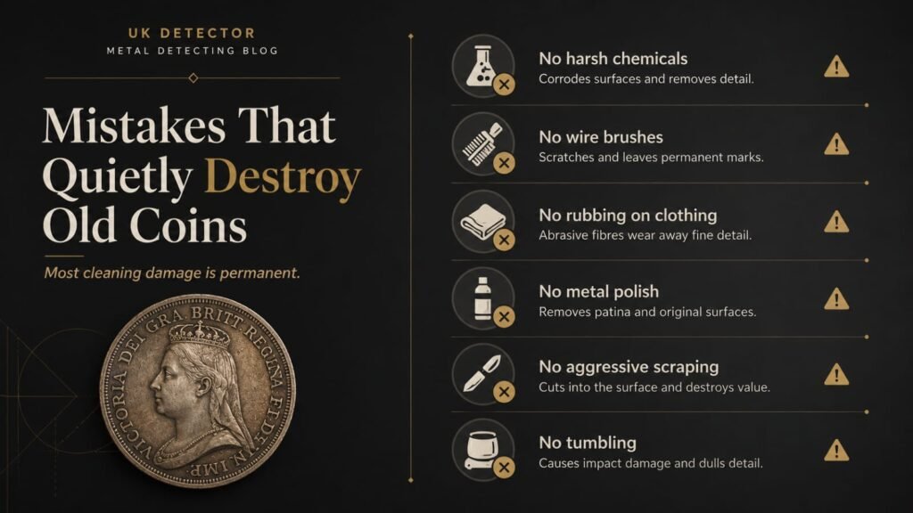 Checklist includes harsh chemicals, wire brushes, rubbing on clothing, metal polish, aggressive scraping, and tumbling against a dark charcoal background with refined metallic accents