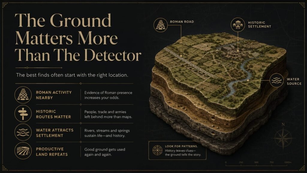 Premium infographic showing factors that make land productive for metal detecting, including Roman roads, historic settlements, water sources, and long-term human activity.