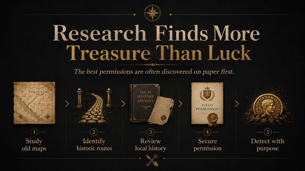 Workflow infographic showing the metal detecting research process from studying historic maps and routes to securing permission and discovering finds.