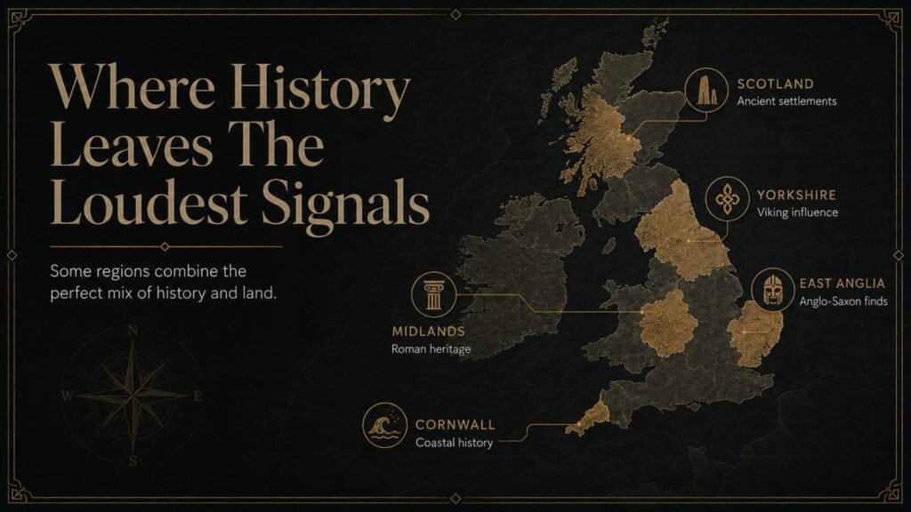 Stylised UK map infographic highlighting major metal detecting regions including East Anglia, Yorkshire, Midlands, Cornwall, and Scotland.