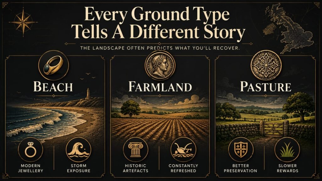 Comparison infographic showing beach, farmland, and pasture metal detecting locations with their typical finds and characteristics.