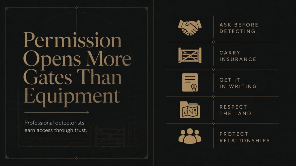 Editorial infographic illustrating key metal detecting permission principles including written agreements, insurance, landowner approval, and responsible access.