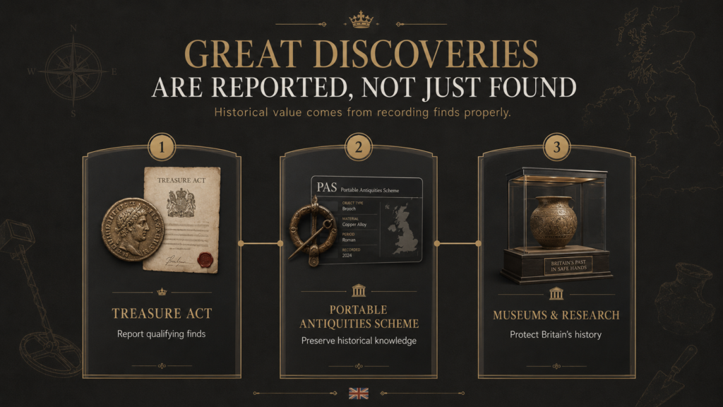 Infographic explaining the Treasure Act, Portable Antiquities Scheme, and how reported metal detecting finds help preserve British history