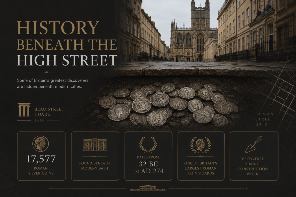 Beau Street Hoard infographic showing Roman silver coins discovered beneath modern Bath and key facts about the historic find