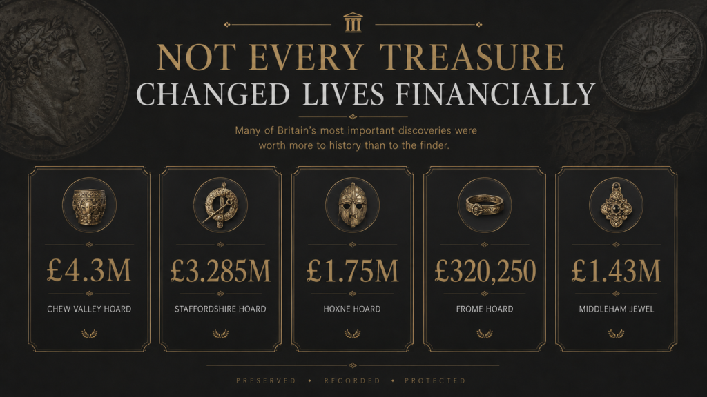 Infographic comparing valuations and rewards from famous British treasure discoveries including the Staffordshire Hoard, Hoxne Hoard and Chew Valley Hoard