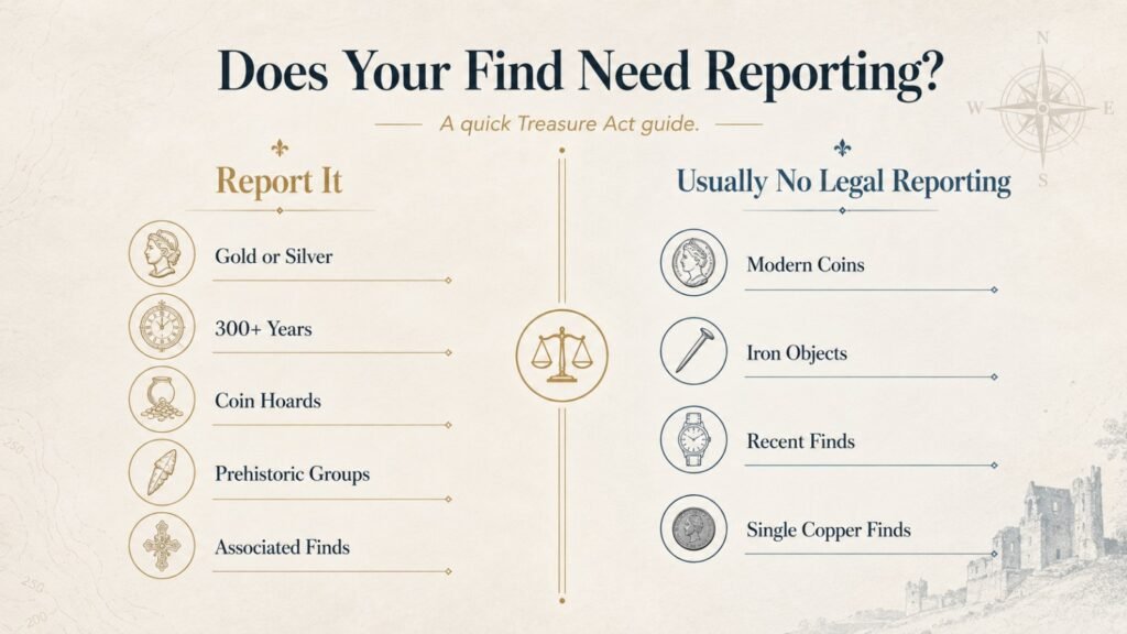 Treasure Act reporting guide showing which metal detecting finds must be reported in the UK Treasure Act reporting guide showing which metal detecting finds must be reported in the UK
