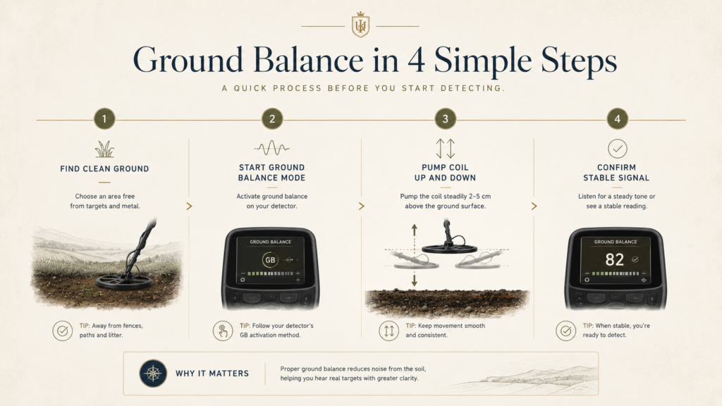 how-to-ground-balance-metal-detector.web Step by step process for ground balancing a metal detector using clean ground and coil pumping technique