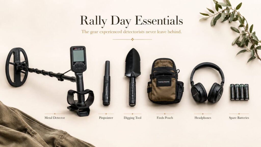 metal-detecting-rally-equipment-checklist.webp Essential equipment for a UK metal detecting rally including detector pinpointer finds pouch headphones and spare batteries