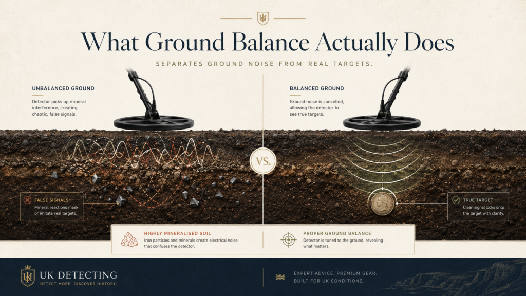 metal-detector-ground-balance-explained.webp Metal detector ground balance reducing mineralised soil interference to improve target detection accuracy
