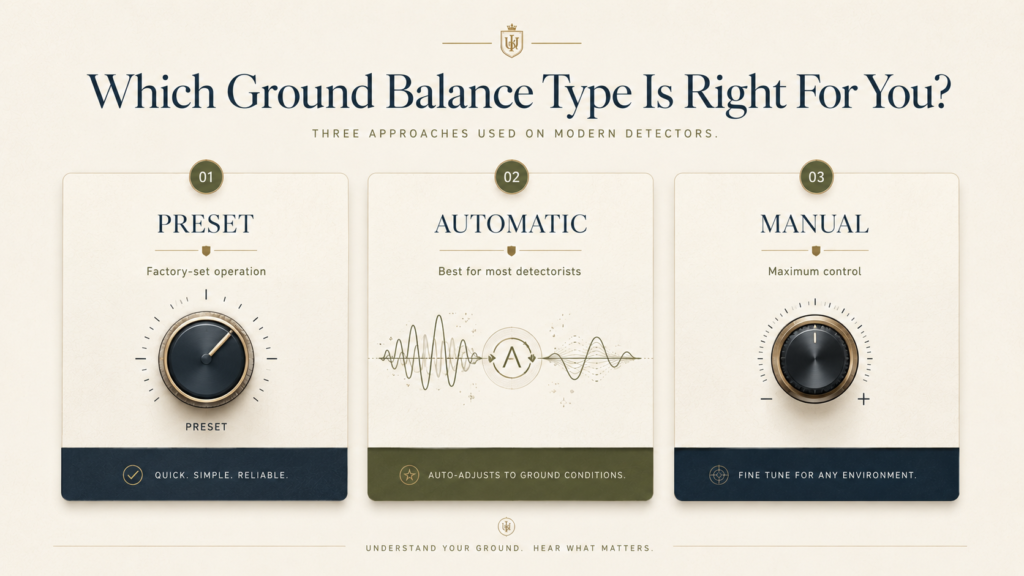 types-of-ground-balance-metal-detectors.webp Comparison of preset automatic and manual ground balance settings on metal detectors