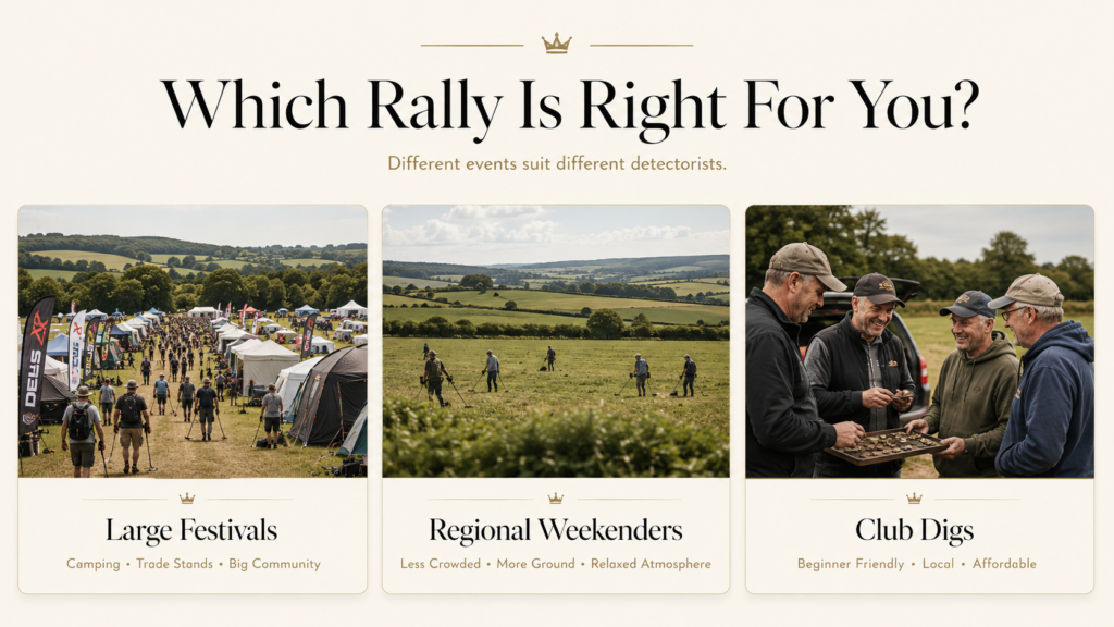 types-of-metal-detecting-rallies-uk.webp Comparison of UK metal detecting rallies including festivals regional weekenders and local club digs