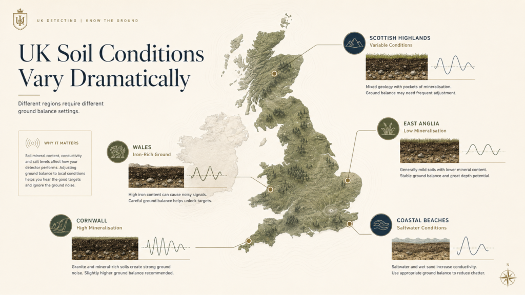 UK soil conditions map showing mineralised ground iron-rich soil and beach detecting environments