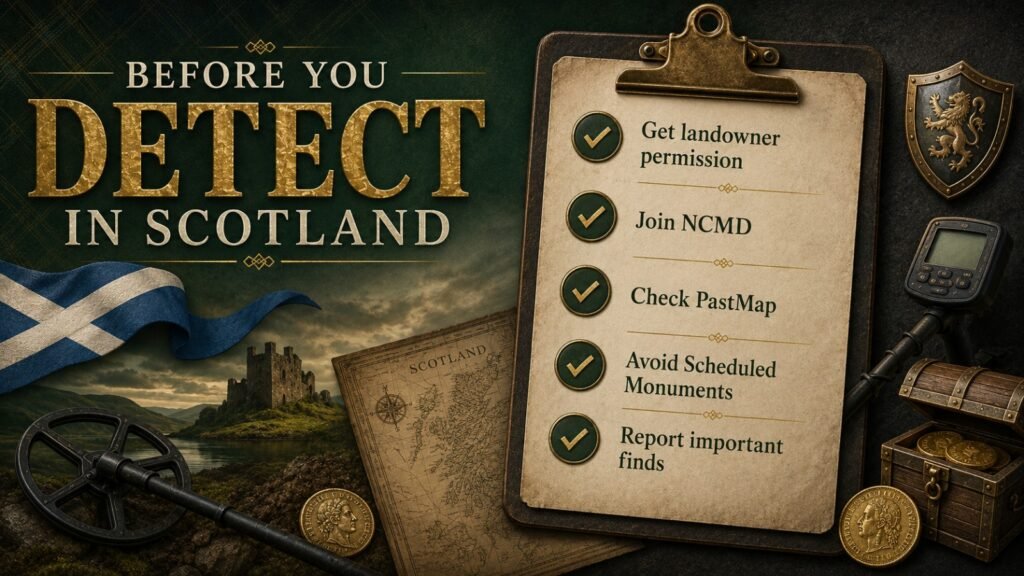 Before you detect in scotland Checklist infographic showing essential steps before metal detecting in Scotland including permission, Treasure Trove reporting, and checking protected sites.