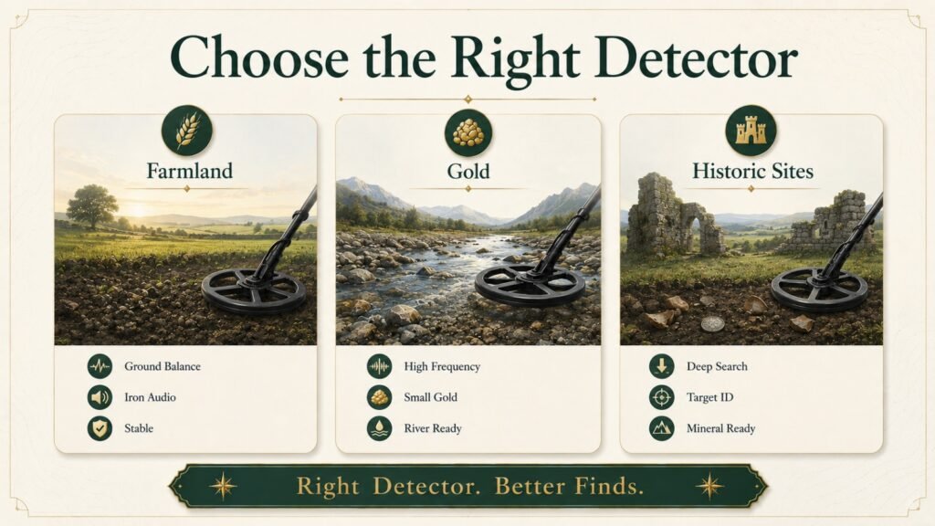 Choose the right detector Comparison infographic showing the best metal detector features for Welsh farmland, gold prospecting and historic sites