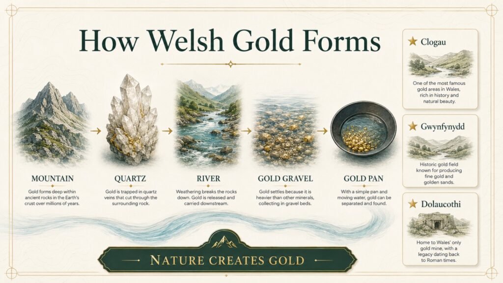 How welsh gold forms Infographic showing how Welsh gold travels from quartz veins through rivers into alluvial gold deposits for prospecting