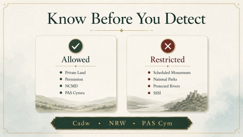 Know before you detect Infographic outlining the key rules for metal detecting in Wales, including landowner permission, Cadw regulations and protected sites