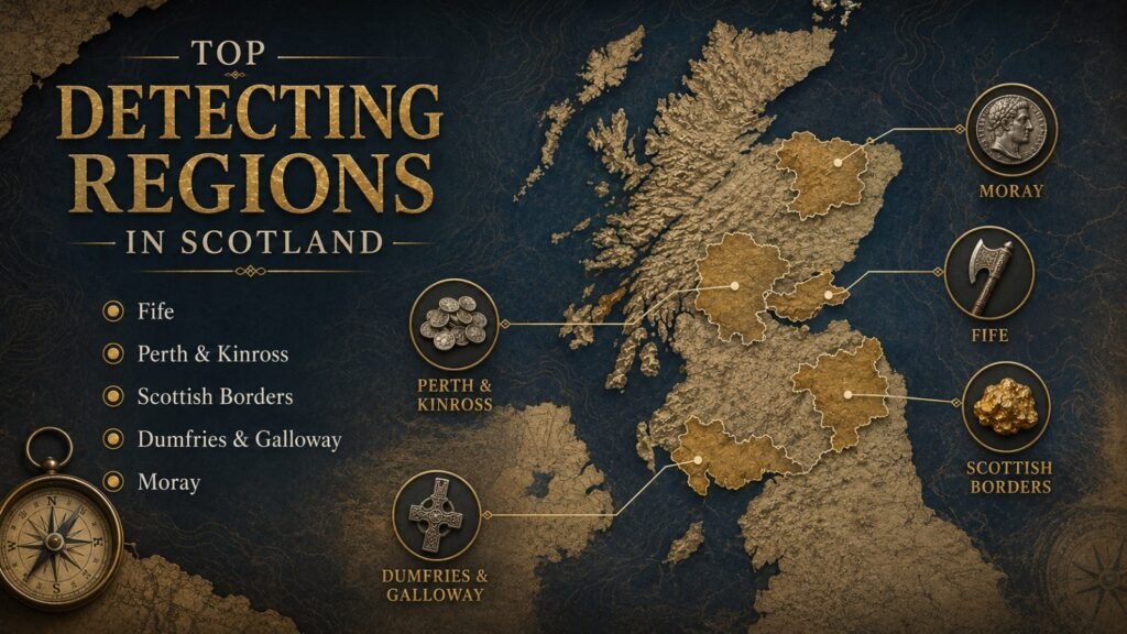 Top detecting regions in scotland Illustrated Scotland map showing the best regions for metal detecting, including Fife, Borders, Moray, and Dumfries & Galloway.