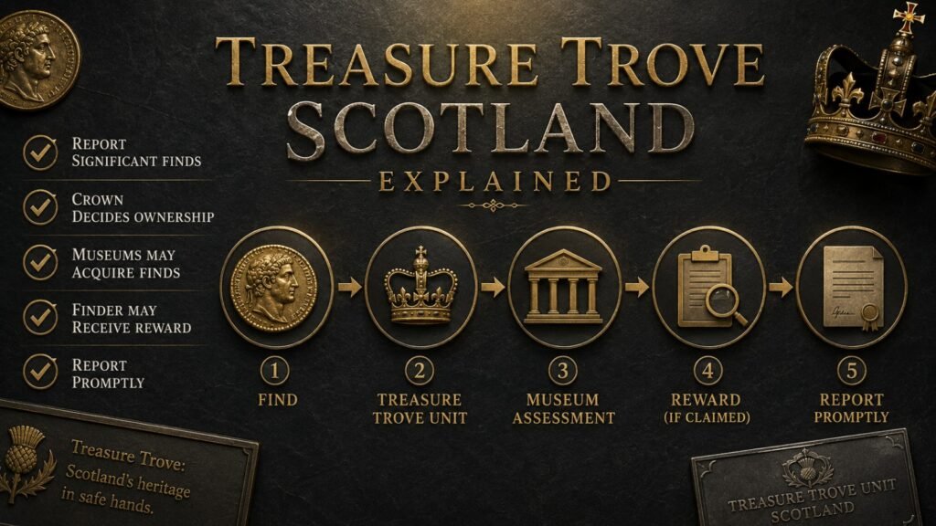 Treasure trove scotland explained Simple infographic explaining how Treasure Trove Scotland works for metal detectorists reporting archaeological finds.