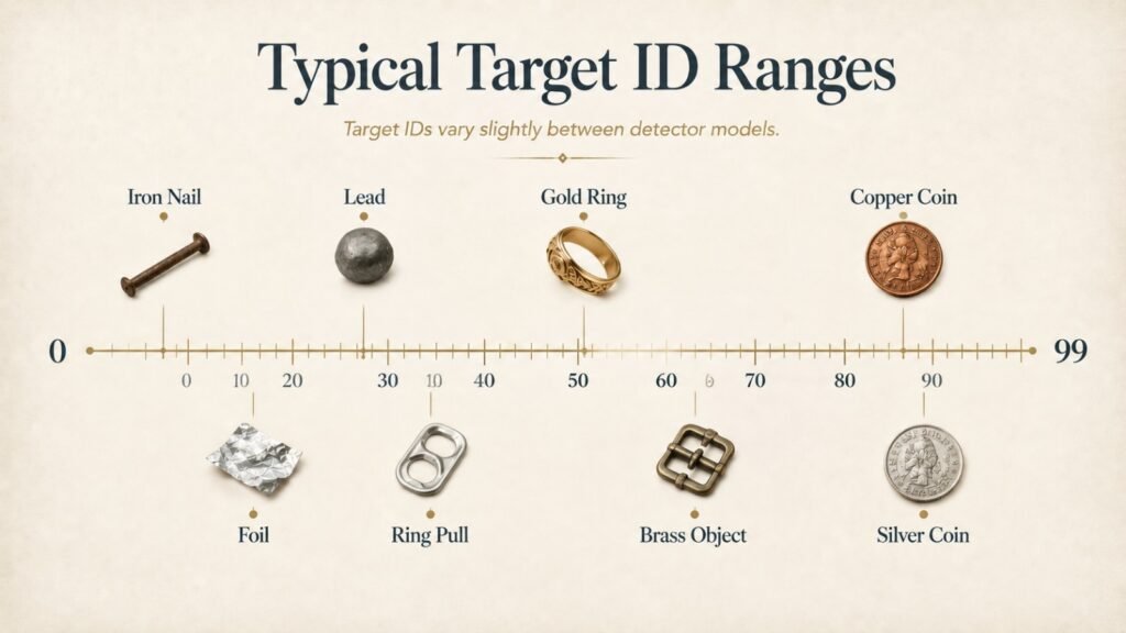 Metal detector target ID scale showing common conductivity ranges for iron, foil, gold rings, copper coins, and silver coins