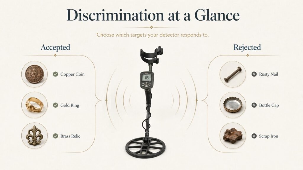 Metal detector discrimination showing accepted targets like coins and rings while rejecting iron nails and scrap metal 
