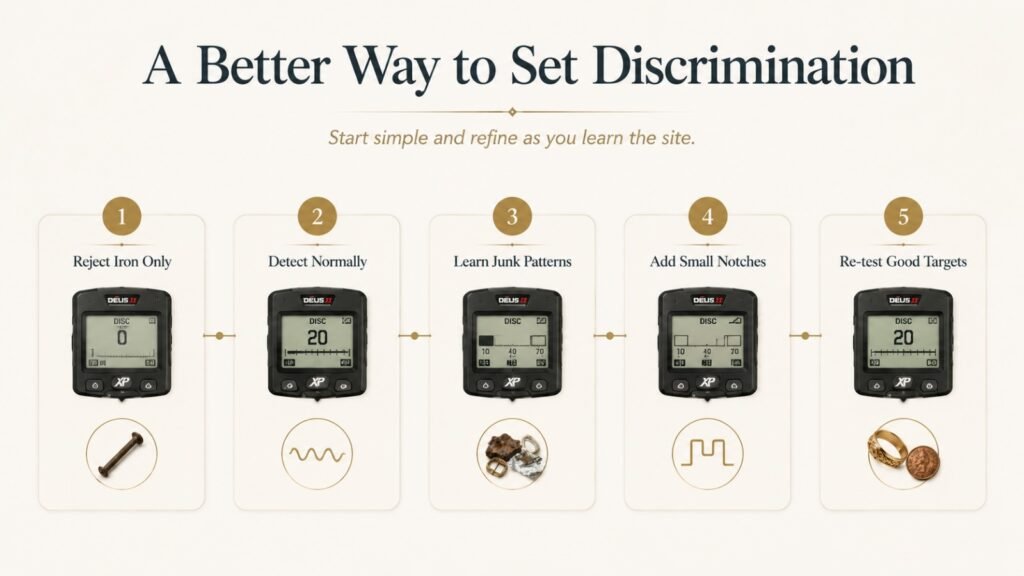 Step-by-step guide to setting metal detector discrimination using iron rejection, notch filtering, and target testing 
