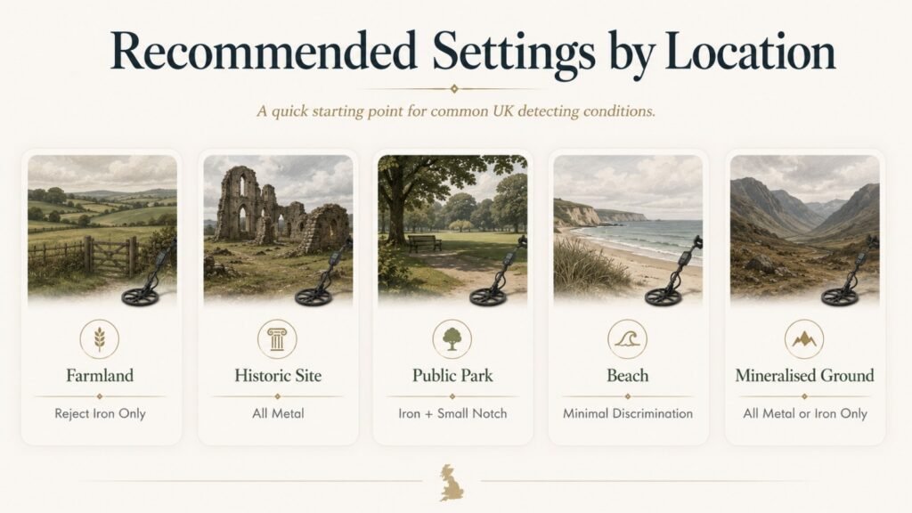 Recommended metal detector discrimination settings for UK farmland, beaches, historic sites, parks, and mineralised ground 