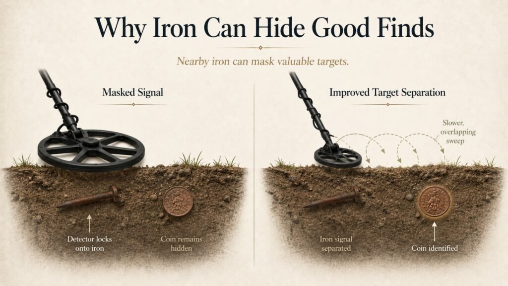Illustration of iron masking showing how nearby iron objects can hide valuable metal-detecting targets 