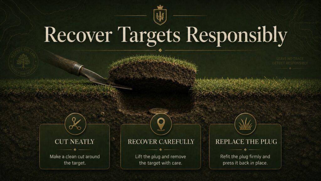 Proper metal detecting recovery method using a neat hinged plug