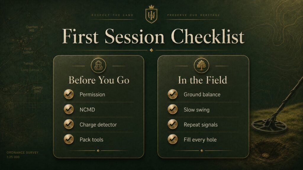 Beginner metal detecting checklist before and during your first UK detecting session.