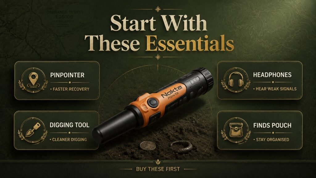 Essential metal detecting accessories UK including pinpointer, headphones, finds pouch, digging trowel and metal detector