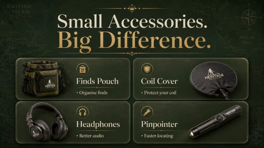 Infographic checklist of essential metal detecting accessories UK beginners should carry on every detecting session 