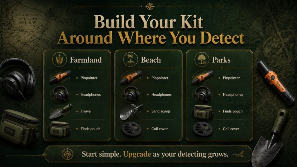 Infographic showing which metal detecting accessories to buy first and which accessories can be added later