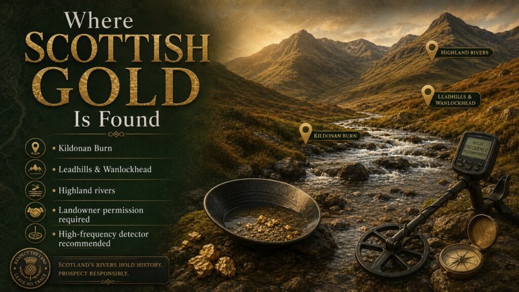 Where scottish gold is found Illustration showing Scottish gold prospecting locations with rivers, gold pan, detector, and gold nugget icons.