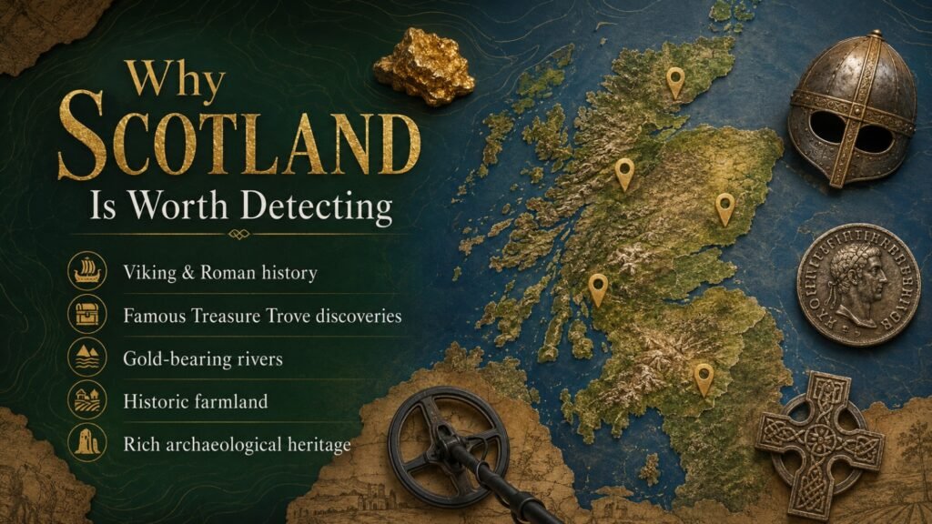 Why scotland is worth detecting Metal detecting in Scotland is legal, genuinely rewarding, and far less complicated than most English detectorists assume. The legal system is different from England, yes. But different does not mean difficult. It means you need to spend an afternoon understanding how it works before you go. This guide does that for you, covering Treasure Trove Scotland, how to get permission, which Scottish metal detecting locations produce the most interesting finds, where the gold actually is, and what detector you need for Scottish ground conditions. By the end, you will know whether Scotland belongs on your detecting list. We think it does. Why Scotland Is Worth the Trip The finds record alone makes the case. In 2014, teenager David Hall found over 300 pieces of Roman hacksilver near Dairsie in Fife at a detecting rally. Dated to around AD 300, it is the earliest hacksilver hoard ever found beyond the edge of the Roman Empire. That same year, a 10th-century Viking hoard of nearly 100 items silver bracelets, brooches, an enamelled Christian cross, a gold ring, and a bird-shaped gold pin was found in Dumfries and Galloway. In 1996, detectorist Hamish Stuart found 315 Roman coins near Birnie in Moray, which led to the discovery of a second hoard of 310 coins just ten metres away, a pairing the archaeologists described as unparalleled in Scottish history. These are not outliers. The Treasure Trove Unit at National Museums Scotland identifies Perth and Kinross, Fife, Dumfries and Galloway, and the Scottish Borders as the areas with the highest recorded detecting activity and finds productivity. Scotland carries layers of Roman occupation, Pictish kingdoms, Viking settlement, and early medieval Christian culture, all sitting in farmland that any prepared, responsible detectorist can access through normal landowner permission. And then there is the gold. In 2018, a Scottish river produced the biggest gold nugget ever found in the UK. The finder kept the location private, but the find is authenticated on record. Gold prospecting in Scotland is not a fantasy; it is a real and accessible activity for anyone with the right equipment and the right permissions in place. More on that later. Map of Scotland highlighting top metal detecting regions, Viking history, Roman finds, and Scottish gold areas. The Scottish Outdoor Access Code: What It Does Not Cover Scotland's Land Reform (Scotland) Act 2003 gives the public statutory access rights over most land. Walkers and cyclists can cross most Scottish countryside without landowner permission. Many detectorists read this and assume the same applies to detecting. It does not, and this is the most common misunderstanding about metal detecting in Scotland. The Scottish Outdoor Access Code does not extend to activities that involve taking objects from the land. Detecting with the intention of recovering finds falls outside those access rights. The Treasure Trove Unit states this clearly: you must obtain landowner permission before detecting anywhere in Scotland, including public parks. Crown Estate Scotland's own guidance confirms the same position. Getting permission works exactly the same way as in England. Approach the landowner, explain your plans, carry NCMD membership for insurance, and get it in writing. One important difference: Scottish landowners have no automatic legal claim over anything you find. Under Scottish Treasure Trove law, finds belong to the Crown rather than the landowner. This changes the conversation slightly. There is no default finds-split to negotiate the way there is in England, so a written agreement in Scotland tends to focus on access terms, site boundaries, and reporting responsibilities rather than who gets a share of what. Our metal detecting permission guide covers the full approach process and agreement setup in detail, and most of it applies directly to Scotland. Treasure Trove Scotland: The Law Every Detectorist Needs to Understand What is Treasure Trove in Scotland? Treasure Trove Scotland is built on bona vacantia, the Scots common law principle of ownerless goods. Under Scottish law, all portable antiquities of archaeological, historical, or cultural significance found in Scotland are subject to claim by the Crown. The Treasure Trove Unit at National Museums Scotland manages the system on the Crown's behalf. The critical difference from England is the threshold. The Treasure Act 1996 in England only covers specific categories: primarily gold or silver objects over 300 years old, and coin hoards. In Scotland, the threshold is not about material or age. It is about significance. As Treasure Trove Scotland's guidance for finders makes clear, any find of archaeological, historical, or cultural significance must be reported, regardless of what it is made of or how old it appears to be. What this means in practice The Treasure Trove Unit applies common sense. Modern coins and recent machinery fragments do not need to be reported. But the bar is genuinely broader than in England, and the Unit's direction is consistent: if you are not sure, report it. Even the most unassuming object could turn out to be something important. This is not a system designed to catch detectorists out. It is a system designed to make sure significant Scottish finds end up properly recorded and accessible to the public. Most Scottish detectorists find it straightforward. How to report a find Email the Treasure Trove Unit at treasuretrove@nms.ac.uk with photographs and a precise findspot; a National Grid Reference is preferred. Complete the reporting form from the Treasure Trove Scotland website. The Unit assesses the find. If the Crown claims it, the Scottish Archaeological Finds Allocation Panel reviews the object and may allocate it to a Scottish museum. The finder receives an ex gratia reward based on the market value of the find. In Scotland, that reward goes to the finder alone. The landowner has no automatic share unless a separate written agreement between the two of you specifies otherwise. There is no 14-day reporting window as there is in England. But prompt reporting is both legally required and the right thing to do. Report as soon as reasonably possible, and definitely before cleaning, altering, or posting about a find publicly. Simple infographic explaining how Treasure Trove Scotland works for metal detectorists reporting archaeological finds. Scheduled Monuments: Same Criminal Offence, Different Authority Scotland has over 8,000 scheduled monuments, and the rule is simple: do not detect on one without written permission from Historic Environment Scotland. Detecting on a scheduled monument without that permission is a criminal offence under the Ancient Monuments and Archaeological Areas Act 1979, the same legislation that applies across the rest of the UK. Before any new Scottish session, check PastMap at pastmap.org.uk. This is Historic Environment Scotland's online mapping tool showing the location and boundaries of all Scottish scheduled monuments. It takes five minutes. If you have any questions about a specific site, contact HES at hmenquiries@hes.scot or 0131 668 8600 before you go, not after. One thing worth knowing if you are planning a trip to the Cairngorms or Loch Lomond area: both Scottish National Parks take a cautious approach to hobby detecting on National Park Authority-managed land. Assume that land owned or managed by the Park Authority is not available, while private farmland within the Park boundary follows the usual landowner permission process. Planning a Detecting Trip to Scotland? Scottish farmland, beaches, and gold-bearing rivers all demand different detector capabilities. Choosing the right machine before your trip can make the difference between constant false signals and a genuinely productive day. Whether you're searching for Viking-era farmland finds, beach jewellery, or Scottish gold, explore our range of detectors designed for UK conditions. Gold Prospecting in Scotland: The Rivers, the Regions, and What Is Realistic Scotland has genuine, accessible gold-bearing geology distributed across several distinct regions. The Southern Uplands, particularly around Wanlockhead and Leadhills in South Lanarkshire, have the longest documented history of gold prospecting in Scotland, with finds recorded as far back as the reign of King James IV in the 16th century. The Kildonan Burn in Sutherland triggered a genuine gold rush in 1869 that drew hundreds of prospectors to the Highlands and produced enough material to sustain serious commercial interest for a full season. More recently, 2018 brought the biggest UK gold nugget on record, discovered in a Scottish river and kept private at the finder's request. The Kildonan Burn remains the most publicly known gold prospecting location in Scotland. Recreational panning there requires permission from the Kildonan Estate and should be arranged before visiting. Several Highland river systems draining gold-bearing geological formations attract serious prospectors each season, as do the rivers around Leadhills and Wanlockhead. All river prospecting requires landowner permission for riverbank access regardless of the Scottish Outdoor Access Code, which, as covered above, does not apply to activities involving the removal of finds. Finding small alluvial gold in Scottish rivers is not something a standard farmland machine handles well. Standard detectors operating at 6 to 15kHz consistently miss fine gold flakes and small nuggets, which are low-conductivity, small-mass targets that need higher operating frequencies to register reliably. The dedicated gold detectors in the UK Metal Detectors range are built specifically for mineralised ground and small gold targets; they are the right tools for serious gold detecting in Wales or Scotland, where standard machines simply leave gold in the ground. For farmland detecting across Scottish lowlands, where iron-rich soils and historic metal mining mineralisation create real challenges for standard machines, our metal detector ground balance guide explains exactly how to calibrate for mineralised ground and why preset balance often fails in these conditions. Illustration showing Scottish gold prospecting locations with rivers, gold pan, detector, and gold nugget icons. The Scottish Regions Worth Knowing About Dumfries and Galloway and the Scottish Borders These two regions sit at the top of the Treasure Trove Unit's own research into productive detecting areas, and the finds record explains exactly why. This is Roman frontier territory, Viking settlement ground, and early medieval Christian landscape all in one region. The 2014 Viking hoard from Dumfries and Galloway is a recent demonstration of what the ground holds. The Borders farmland crosses territory that saw continuous occupation from the Iron Age through the medieval period, and it is broadly accessible through conventional permission approaches with the farming community there. Fife and Perth and Kinross The Dairsie hacksilver hoard proved what Fife's Roman-period archaeology can produce in a single afternoon's detecting at a rally. The farmland here is mixed arable and pasture, accessible through standard permission routes, and the soil conditions are more forgiving than the highly mineralised western regions. Perth and Kinross was the political heart of medieval Scotland. The farmland around Stirling and Perth reflects that historical density in what it produces, with Roman finds, Pictish metalwork, and early medieval artefacts all coming from this region through responsible detecting. Moray and Aberdeenshire The two Birnie hoards demonstrated that northeast Scotland, far from the Roman military frontier, received significant Roman silver through diplomatic or trade contact with Pictish communities. This region is considered underworked relative to its potential, with large areas of farmland that have seen limited systematic detecting. For a detectorist willing to research thoroughly and approach landowners in an area with less competition, Moray and Aberdeenshire represent genuine opportunity. Our best places for metal detecting in the UK guide covers the research tools that help identify productive ground before approaching a landowner: PAS database searches, historical mapping, and LiDAR, all of which apply as usefully to Scottish ground as they do to English farmland. Illustrated Scotland map showing the best regions for metal detecting, including Fife, Borders, Moray, and Dumfries & Galloway. Scottish Beaches: The Easiest Starting Point Crown Estate Scotland manages most of Scotland's coastline foreshore and does not require a specific permit for beach detecting, provided you follow Scottish Treasure Trove procedures and the Outdoor Access Code. The practical position is straightforward: report anything with potential historical significance, fill every hole, and conduct yourself the same way you would on any responsible detecting session. Modern jewellery found on Scottish beaches is handled practically. If it is clearly a recent loss, report it to the local police as a found item. If there is any question about historical significance, report it to the Treasure Trove Unit. The system is not designed to create difficulty around everyday beach detecting; it is designed to protect genuinely significant finds. Wet Scottish beach sand carries the same salt mineralisation challenge as any UK coastal site. Highly conductive wet sand destabilises target ID readings and produces false signals on standard VLF machines. A detector with a dedicated beach or saltwater mode handles this considerably better. Pulse Induction detectors handle salt mineralisation best of all, which is why they are the machine of choice for serious beach detectorists. Our pulse induction metal detectors guide explains how PI technology handles these conditions and which machines are worth considering for Scottish coastal work. Looking for a Beach Detector? Saltwater beaches require detectors that can remain stable in wet, mineralised sand. Browse our collection of beach metal detectors built for UK coastal conditions. Can You Keep What You Find in Scotland? Unlike England and Wales, Scotland operates under the Treasure Trove system rather than the Treasure Act 1996. If a find is claimed by the Crown because of its archaeological or historical importance, it will usually be allocated to a Scottish museum. In return, the finder may receive an ex gratia reward based on the object's market value. If a find is not claimed, it is normally returned to the finder. Because every potentially significant discovery must first be reported, detectorists should never assume they can automatically keep archaeological finds. Quick Reference: Metal Detecting in Scotland Topic Scotland-Specific Detail Finds law Treasure Trove, not the Treasure Act 1996 What to report All finds of archaeological, historical, or cultural significance regardless of age or material Reward Finder only; landowner has no automatic share Report finds to treasuretrove@nms.ac.uk Treasure Trove Unit, National Museums Scotland Scheduled monuments authority Historic Environment Scotland, not Historic England Check scheduled monuments PastMap: pastmap.org.uk Outdoor access rights Do not cover detecting with intent to remove finds Landowner permission Required everywhere including public parks Crown Estate foreshore No permit needed; Treasure Trove rules apply Gold regions Southern Uplands (Leadhills/Wanlockhead), Sutherland (Kildonan Burn), Highland rivers Most productive regions Dumfries and Galloway, Borders, Fife, Perth and Kinross, Moray NCMD membership Recommended for insurance recognised by Scottish landowners Checklist infographic showing essential steps before metal detecting in Scotland including permission, Treasure Trove reporting, and checking protected sites. Scotland Rewards the Detectorist Who Does the Homework Metal detecting in Scotland is not harder than in England. It is different. The legal framework takes an afternoon to learn, and once you have learned it, you are operating in one of the most historically rich detecting destinations in the British Isles. Viking hoards, Roman hacksilver, Pictish gold, Bronze Age metalwork, and the biggest gold nugget in UK history all found by ordinary detectorists, all reported properly, all now part of Scotland's national heritage record. The detectorists who come back from Scotland having had a genuinely productive session are the ones who understood the Treasure Trove system before they arrived, had their permissions properly in place, and brought a machine suited to Scottish ground conditions rather than assuming what worked in Lincolnshire would work in the Southern Uplands. If that sounds like something worth planning, we can help with the equipment side before you go. Ready to Detect in Scotland? From mineralised Highland rivers to coastal beaches and historic farmland, Scotland rewards detectorists who bring the right equipment. Explore our range of beginner, intermediate, and professional metal detectors, or contact our team if you'd like help choosing the right machine for your next trip. Shop Metal Detectors Need Advice? Contact Our Team Frequently Asked Questions About Metal Detecting in Scotland 1. Is metal detecting in Scotland legal? Yes. Metal detecting in Scotland is legal if you have the landowner's permission and follow Treasure Trove Scotland rules. The Scottish Outdoor Access Code allows public access to much of the countryside, but it does not permit removing objects from the ground. You must obtain permission before detecting on private land, public parks, or common land. Detecting on scheduled monuments without written permission from Historic Environment Scotland is a criminal offence. 2. What is Treasure Trove Scotland? Treasure Trove Scotland is the legal system that governs archaeological and historically significant finds discovered in Scotland. Any portable object considered archaeologically, historically, or culturally important must be reported to the Treasure Trove Unit at National Museums Scotland, regardless of its material or age. If the Crown claims the find, the finder may receive an ex gratia reward based on its market value. 3. Can you find gold metal detecting in Scotland? Yes. Scotland is one of the few parts of the UK with genuine gold-bearing geology, making it a popular destination for recreational gold prospecting. Gold is found around Leadhills, Wanlockhead, Kildonan Burn, and several Highland river systems. Small alluvial gold is difficult to detect with standard VLF machines, so high-frequency or dedicated gold detectors are recommended. Landowner permission is required, and significant finds must be reported under Treasure Trove Scotland. 4. Where are the best Scottish metal detecting locations? The best places for metal detecting in Scotland include Dumfries and Galloway, the Scottish Borders, Fife, Perth and Kinross, Moray, and Aberdeenshire. These regions have produced Roman coins, Viking hoards, Pictish artefacts, and medieval finds. Detecting is only permitted with landowner permission, and all significant discoveries must be reported through Treasure Trove Scotland. 5. How is metal detecting in Scotland different from England? The biggest difference is the legal system. Scotland follows Treasure Trove law, while England and Wales operate under the Treasure Act 1996. Scotland requires all archaeologically significant finds to be reported, regardless of their age or material. Scottish finds are reported to the Treasure Trove Unit rather than the Portable Antiquities Scheme, and landowners do not automatically have a legal claim to reported finds. 6. Do you need a licence to metal detect in Scotland? No. Scotland does not require a general metal detecting licence. However, you must have the landowner's permission and follow Treasure Trove reporting requirements. Additional permission is required before detecting on scheduled monuments or certain protected land. 7. Do you need a licence to metal detect in Scotland? No. Scotland does not require a general metal detecting licence. However, you must have the landowner's permission and follow Treasure Trove reporting requirements. Additional permission is required before detecting on scheduled monuments or certain protected land. 8. Can you keep what you find metal detecting in Scotland? Not automatically. Archaeologically significant finds must be reported to the Treasure Trove Unit. If the Crown claims the object, it may be allocated to a Scottish museum, and the finder can receive an ex gratia reward. Finds that are not claimed are generally returned to the finder.