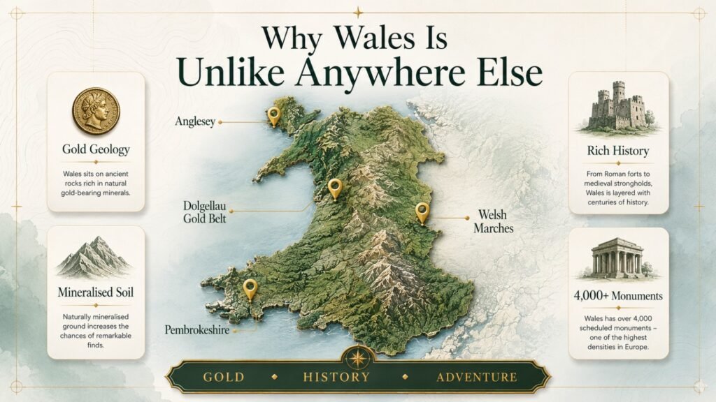 Why wales is unlike anywhere else Editorial map infographic highlighting Wales's top metal detecting regions, including the Dolgellau Gold Belt, Anglesey, Welsh Marches and Pembrokeshire Why