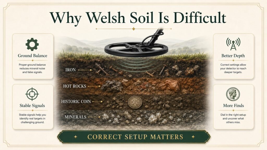 Why welsh soil is difficult Infographic explaining how mineralised Welsh soil affects metal detectors and why ground balance improves detection performance