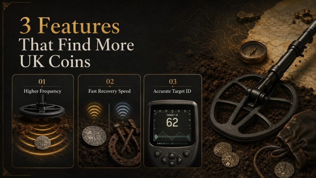 Infographic showing the three key features of the best metal detector for coins UK, including higher frequency, fast recovery speed, and accurate target ID for coin hunting